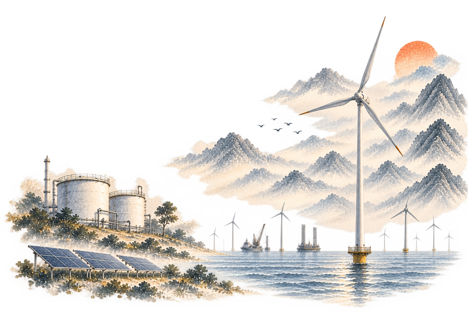 Offshore wind turbine and installation vessel against an ink-wash mountain landscape